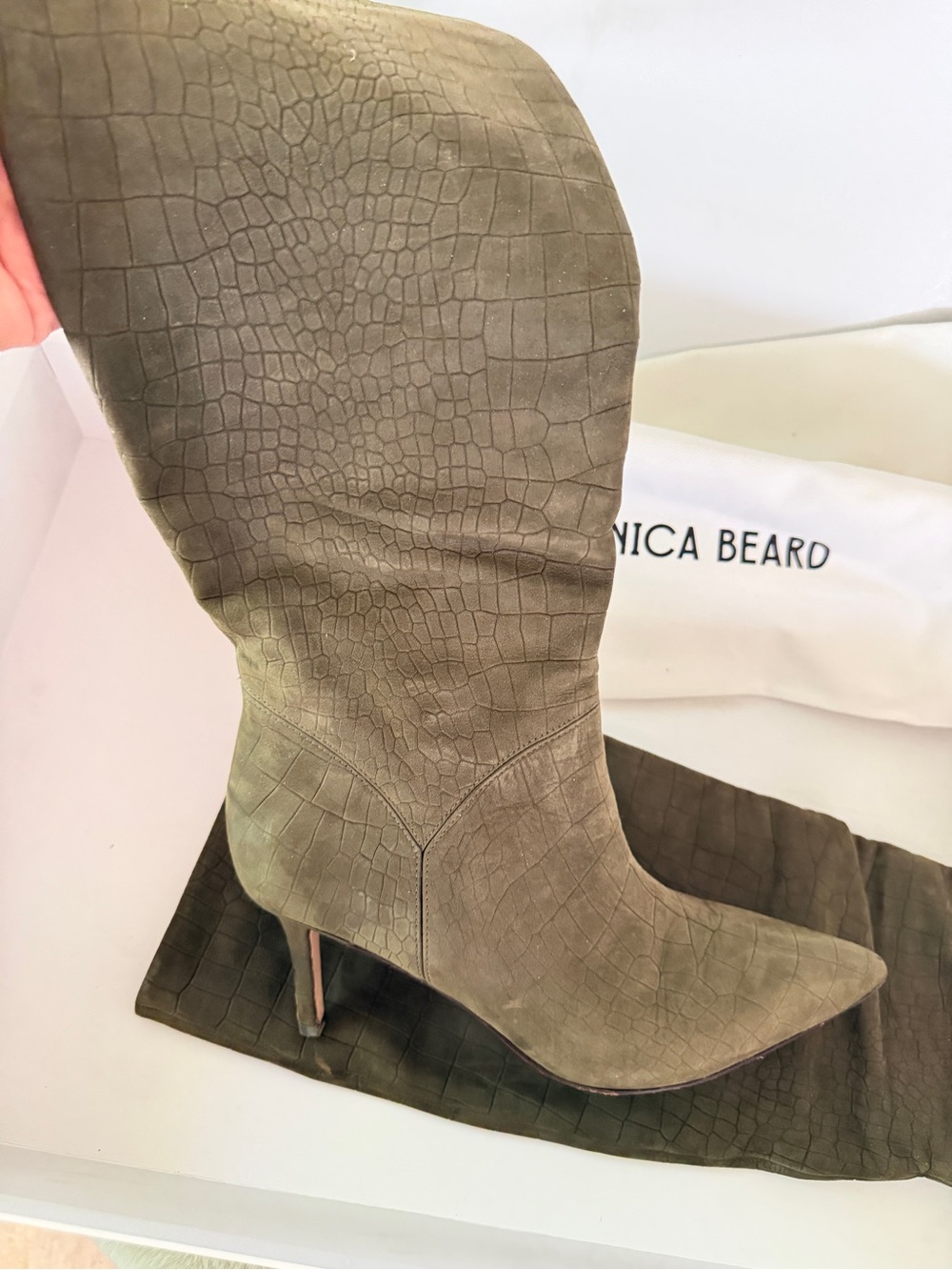 Veronica Beard Olive Croc-Embossed Suede Knee Boot in Khaki